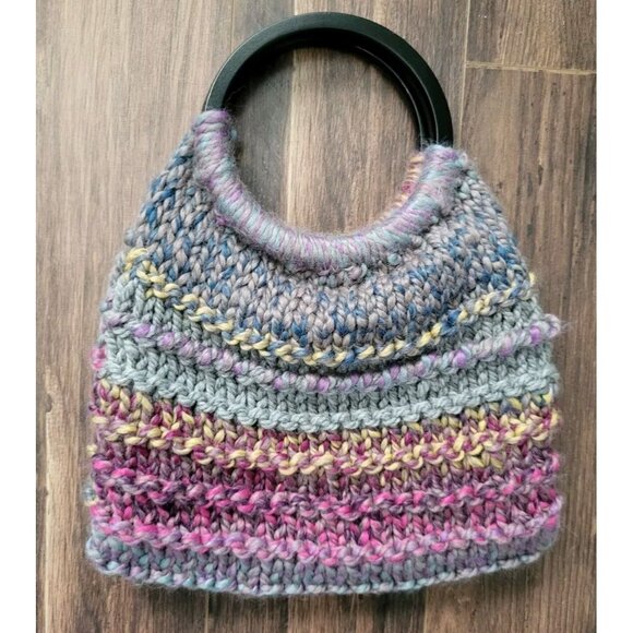Handknit Purple Blue 13x10 Lined Wood Circle Handle Purse Boho Cottagecore - Picture 1 of 9